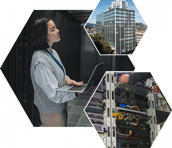 Various images of data centers and people working on data servers