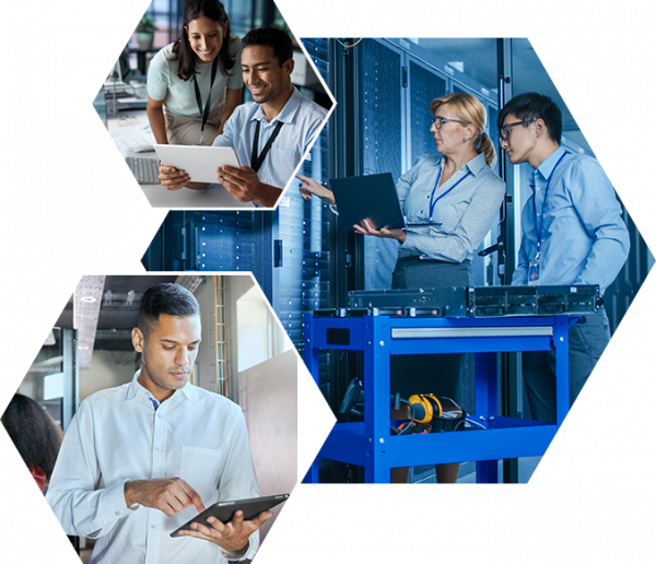 Various images of people working on computers and with data servers